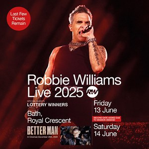 Less than 100 tickets left! Robbie will be performing at the stunning Bath Royal Crescent on June 13th and 14th. The last few tickets remain – grab yours before they’re gone! 🎸🎤 | Robbie Williams