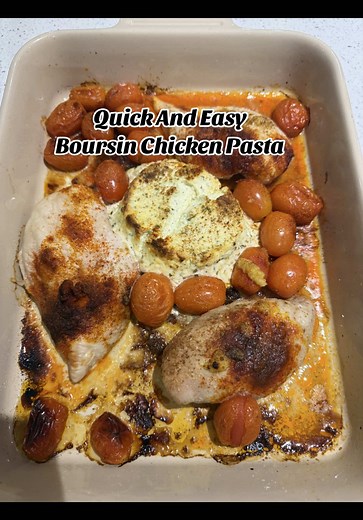 Quick and easy Boursin Pasta Ingredients Boursin cheese Chicken breast Pasta Cherry tomatoes Olive oil Garlic paste Onion granules Paprika Salt Pepper Grated cheese This is so easy to make, the steps are in the pictures. Just add all the ingredients in to a roasting dish, add a little bit of olive oil and pop in the oven on 190*C to bake for 25mins. Mix it all together and shred the chicken, add the cooked pasta, mix together and then top with cheese. Just pop back in the oven for about 5 mins t