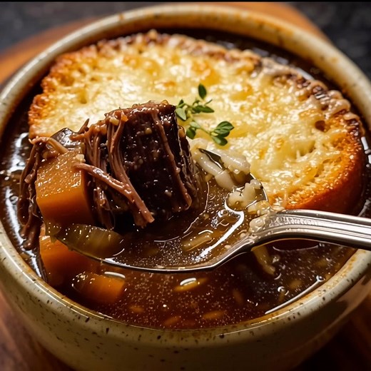 French Onion Short Rib Soup with Cheesy Gruyère Toast (No Wine) Warm, hearty, and irresistibly comforting — this French onion beef soup combines tender chunks of slow-cooked beef, caramelized onions, and a rich, savory broth. Topped with golden, cheesy toast, it’s the ultimate bowl of cozy indulgence. Ingredients: For the Soup: 2 lbs bone-in beef short ribs 2 tablespoons olive oil 4 large yellow onions, thinly sliced 4 cloves garlic, minced 6 cups beef broth (low sodium) 1 tablespoon balsamic vi