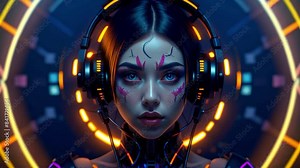 Robot dj girl DJing in a night club. Seamless loop of android woman listening to music with headphones with moving neon background.