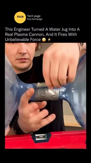 Tech page on Instagram: "This engineer took an ordinary water jug and transformed it into a fully functional plasma cannon, turning a simple container into a device capable of generating extreme power. By cleverly modifying the jug with high-voltage components, electrodes, and precise airflow control, he created a setup where electricity ionizes the air inside, forming a burst of plasma that ejects with incredible speed and force. When fired, the cannon releases a shockwave strong enough to prop
