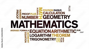 Mathematics animated tag word cloud;text design animation kinetic typography seamless loop.