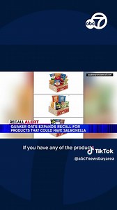 Quaker Oats broadened its recall from last month to its granola bars, snacks, and Cap'n Crunch cereal products sold nationwide due to possible Salmonella contamination. Consumers can check if their product is affected by scanning the QR code on its package or by reviewing a list here: https://abc7ne.ws/47A1S8k | ABC7 News
