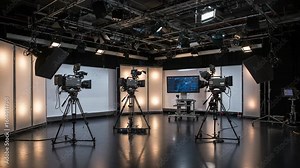 Professional TV broadcast studio with cameras, soft lighting, and modern control screens. Clean, high-tech interior setup for filming news, talk shows, or live streaming events.