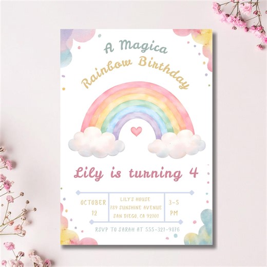 Girls Rainbow Party Invitation | Editable Canva Template | Pastel Pink & Gold Cloud Design - Etsy