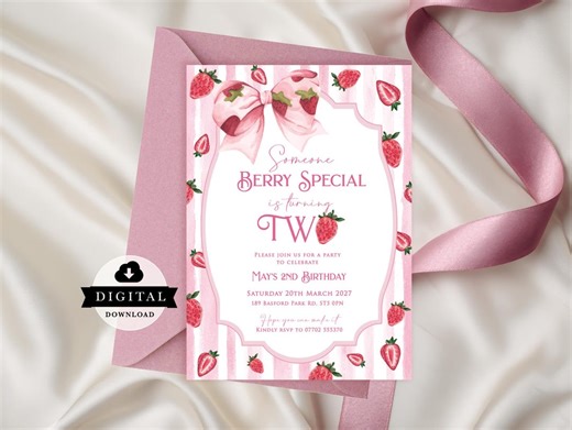 Girls Birthday Invitation, Cute Strawberry Theme (digital Download) 041 - Etsy