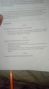 Conduct a research study on an informal settlement in South Afr... | Filo