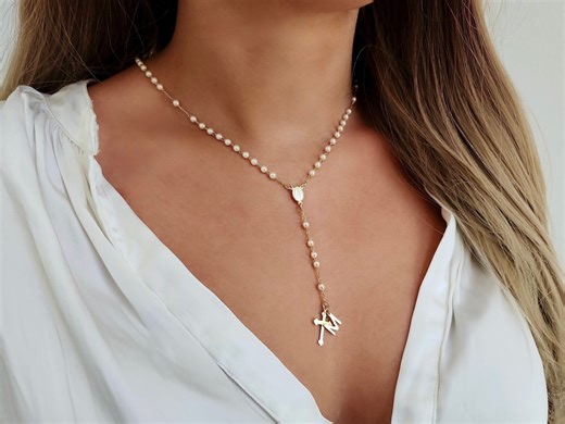 18k Gold Filled Rosary Necklace: Personalized Initial Cross, Layering Jewelry - Etsy
