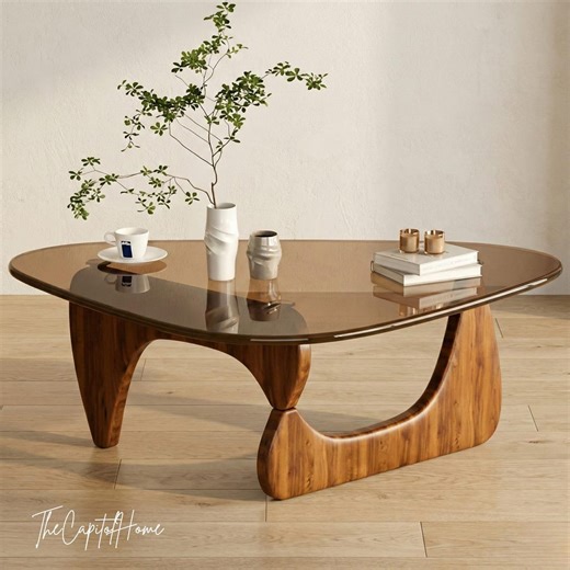 Triangle Glass Coffee Table, Mid Century Walnut Base, Kidney Shape Tempered Glass Top - Etsy