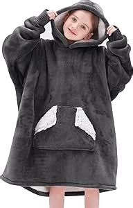 Touchat Wearable Blanket Hoodie for Kids & Teens 6-13 Year Old, Oversized Sherpa Fleece Sweatshirt with Pocket, Soft Cozy Hooded Blankets Christmas Birthday Gift for Boys and Girls, Grey