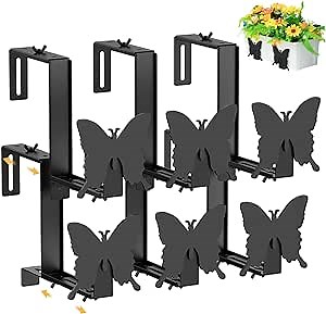 Housolution 6-Pack Window Box Brackets, (5.9 - 9.6 Inches) Deck Railing Adjustable Planter Box Brackets, Heavy Duty Iron Plant Hangers Outdoor for Fence Pergola Patio Garden Balcony Railing, Black