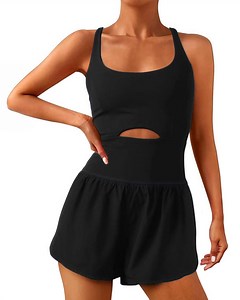 Womens Workout Jumpsuits with Padded Bras One Piece Square Neck Sleeveless Workout Bodysuit Romper Short Pants with Pocket Gym Yoga Outfit Clothes