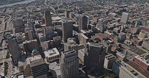 Cincinnati Ohio Aerial v13 flyover downtown area capturing urban cityscape, waterfront stadium, freeway interchange and views of Covington KY across the river - Shot with Inspire 3 8k - September 2023