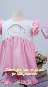 NEW GIRL SETS FOR BELOVED CUSTOMERS ** Unique made-to-order service ** Customize labels, sizes, fabrics, general designs, and patterns for shop owners Babeeni has introduced sweet two-piece sets for little girls with the key theme of pink. Using a ruffle style with girlie embroidered patterns such as a rainbow and crown, these items become more elegant and stunning. Lovely design inspiration is powerful enough to embellish our little angels. Especially, a customized name service will make your s