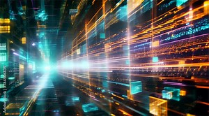 Abstract digital art of a futuristic city with data streaming lines and light particles, symbolizing high-speed information and technology.