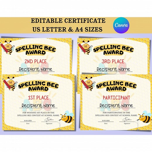 Editable Spelling Bee Certificate Template, School Award (canva Template) - Etsy