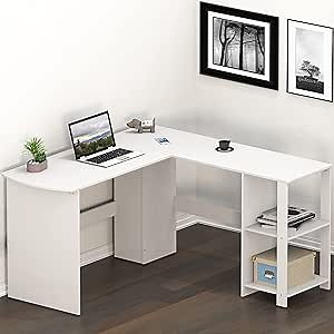 SHW 51 x 51 Inches L-Shaped Home Office Wood Corner Desk wtih Storage, White