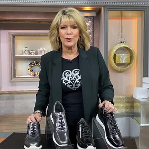 My new wedge trainer launches tonight on @qvcuk Available in two colours, Black and also Pewter. Join me and @officialjackiekabler from 7pm - 9pm on @qvcuk #ruthlangsfordfashion #wedgetrainer #qvc #qvcuk | Ruth Langsford