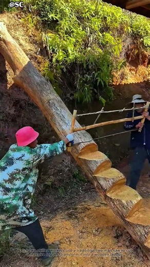 2 Men Turn a Giant Log Into a Ladder with a Hand Saw 🪚🔥 #woodworking #teamwork #satisfying #shorts