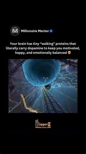 Millionaire Mentor on Instagram: "Inside your brain, trillions of microscopic processes happen every second, and one of the most incredible is how your cells move dopamine. That “little creature” you see in the animation isn’t an animal. It’s a kinesin protein, a molecular machine that walks along microtubule tracks inside your neurons. Its job? To transport vesicles full of dopamine, the neurotransmitter responsible for motivation, pleasure, focus, and emotional regulation. Without this transpo