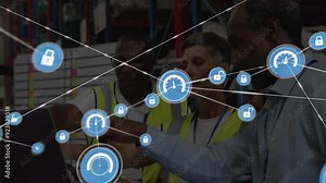 Monitoring network security and performance, animation over warehouse workers collaborating