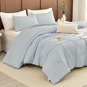 Masaca Oversized King Comforter 128x120,3 Pieces Pinch Pleated Light Blue Comforter Set Lightweight Modern Style Farmhouse Extra Large King Size Bedding for All Season