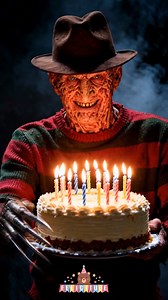Que los Cumplas Feliz - Freddy Krueger - ¡Happy Birthday! ¡Feliz Cumpleaños! Nightmare on Elm Street Freddy Krueger, el temido villano de Pesadilla en Elm Street, deja los sueños aterradores para sorprenderte con una torta de cumpleaños y cantarte “Que los cumplas feliz”. Una mezcla única entre terror y celebración, perfecta para los amantes del cine de horror y las fiestas originales. Freddy demuestra que hasta los monstruos pueden disfrutar de una buena torta 🎉🔪 Ideal para compartir con amig