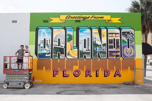 Greetings from Orlando FL Mural Sign Postcard feat. Lake Eola, Magic, OCSC, Epcot, Citrus & BBQ Bar — Greetings Tour - The Original Postcard Mural Artists