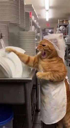 Cats fighting in a kitchen over dishesThis cat lost it at work 😳Two cats at work… worst idea ever