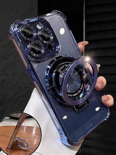 Luxury Electroplated Transparent Blue Phone Case With Magnetic Ring Holder, Shockproof And Anti-Fall, Made Of Soft Silicone Material, Compatible With IPhone 16/16E/16 Pro/16 Pro Max/16 Plus/15/14/13/12/11/X/XS/XR/8/7, Galaxy S25/S24/S23/S22/S21/A55/A54/A53/A52/A35/A34/A23/A16/A15/A14/A13/A12/A05S/FE/Ultra/4G/5G, /Honor/ And Other Brands | SHEIN