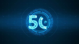 Motion graphic of Blue 5G logo with rotation HUD circle technology interface and futuristic elements abstract background