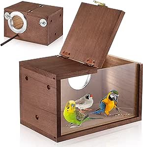 Qunclay 2 Pcs Parakeet Nesting Box Transparent Cockatiel Nesting Box Budgie Bird House for Cage Wooden Bird Nest Breeding Box with Perch Wood Mating Box for Parrot Lovebird Accessories (Brown)