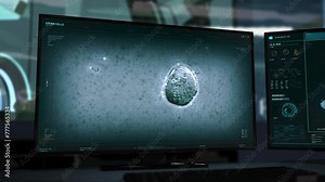 Sperm Cells Analysis By Medical Microscope Interface On Screen. Human Reproduction System Sperm Cells Under Microscopic Medical Research. Sperm Medical Microbiology Study Using Advanced Microscope