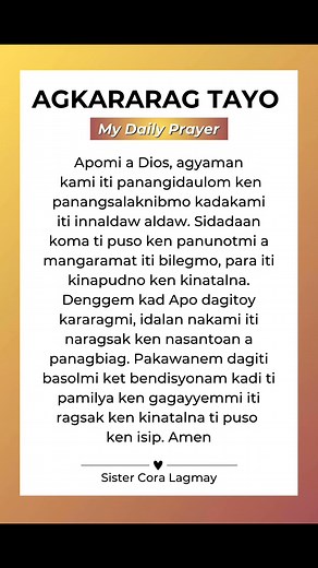 Agkararag tayo ti Dios✝️🙏🏼😇 #Mydailyprayer #ilocanoprayer #ilocano #SisterCoraLagmay | Corazon Duque Lagmay