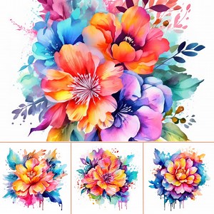 Vibrant Flowers - Floral Clip Art - PNG JPG - High Resolution - Commercial Use - Colorful Designs - Watercolor - Etsy UK