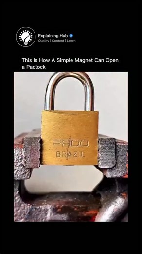 Explaining Everything on Instagram: "The video likely shows a close-up demonstration: a padlock (probably a cheaper or older model with magnetic pins) is locked, then a strong rare-earth magnet is applied to the body of the lock. Within seconds, the magnetic field attracts and lifts the internal pins, unlocking the shackle effortlessly. It's a hands-on, satisfying "hack" reveal with no damage to the lock. This is a well-known vulnerability in some budget padlocks (e.g., certain Master Lock model