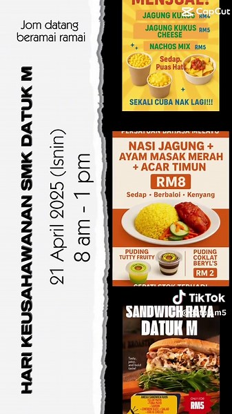Assalamualaikum & selamat sejahtera. Allahumma solli 'ala Saidina Muhammad Salam Malaysia Madani Salam Perpaduan Salam LMS 100% Salam GPS 4.51 Salam GPS Harapan 3.99 Salam PNGK STPM 3.22 Salam PNGK STPM Harapan 3.50 HARI KEUSAHAWANAN DATUK M 🤔🤔 Tak tau nak beli apa semasa Hari Keusahawanan Datuk M❓❓❓ JANGAN RISAU 😉😊 📣 Pelbagai jenis aneka makanan dan minuman akan dijual oleh gerai-gerai dari Kelab dan Persatuan Datuk M. 🤔🤔 Makanan n minuman apa yang ada❓❓❓ 📣 Let's Check it out❗❗❗ 📆 Save