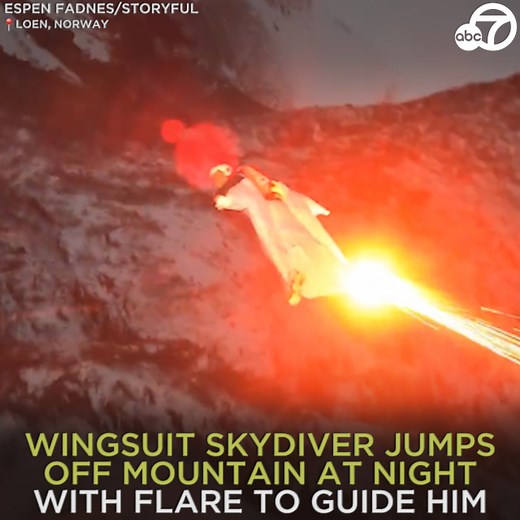 NIGHT FLIGHT: Norwegian skydiver Andreas Hemli was recorded flying off a cliff at night, with a flare attached to his wingsuit to help him navigate through the valley below. The vertiginous video shows Hemli cruising down the mountain in his illuminated wingsuit, before opening a parachute and landing safely. 😲🪂 | ABC7