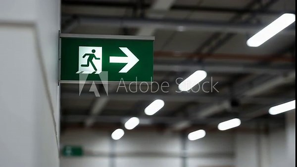 Green emergency exit sign mounted on ceiling in underground parking garage. White directional arrow pointing right. Safety evacuation system for public buildings and commercial spaces