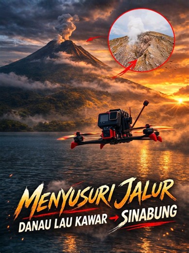 Gunung Sinabung – Danau Lau Kawar 2 Februari 2026, pukul 17:14, saya menerbangkan drone FPV setelah hampir 3 jam menunggu. Sejak sore gunung tertutup kabut tebal. Langit seperti tidak memberi celah. Namun menjelang petang, perlahan awan terbuka dan Sinabung tiba-tiba berdiri jelas di hadapan saya. Jujur, saya belum pernah mendaki langsung ke puncak Gunung Sinabung. Dalam penerbangan ini saya hanya bisa menerka jalur berdasarkan peta pendakian lama. Saya sadar, jalur itu pasti sudah banyak beruba