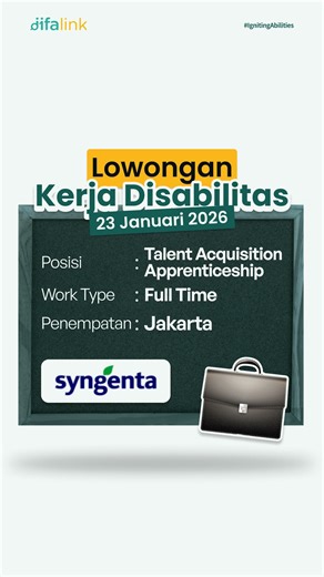DIFALINK- Website Lowongan Kerja Disabilitas on Instagram: "Lowongan Kerja Terbuka untuk Disabilitas Posisi: Talent Acquisition Apprenticeship Area: Jakarta Perusahaan: PT Syngenta Indonesia Tipe Lowongan: Full Time Jenis Disabilitas: Semua jenis disabilitas bisa daftar Persyaratan: 1.Minimum bachelor’s degree of Psychology or related. 2.Fresh graduate or max 1.5 years of internship in HR Talent Acquisition. 3.Good oral, written, and interpersonal communication skills. 4.Confident communicator b
