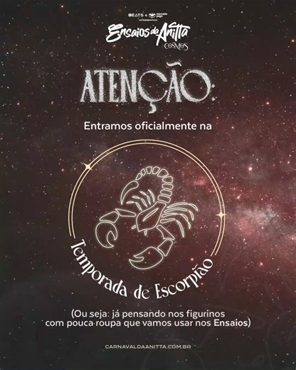 ENSAIOS DA ANITTA on Instagram: "PRE-PA-RA: Começou a temporada de Escorpião ♏️💫 Tá liberado sentir tudo, dar uma stalkeada, mandar indireta e, é claro, garantir seu lugar pra se jogar no Ensaios com a Patroa em 2026! 🎟️ Canal de vendas oficial: @ingresse Datas e cidades: 📍10/01 - Belém/PA 📍11/01 - Fortaleza/CE 📍17/01 - Recife/PE — SOLD OUT 📍18/01 - Brasília/DF 📍24/01 - Campinas/SP 📍25/01 - Rio de Janeiro/RJ — SOLD OUT 📍07/0