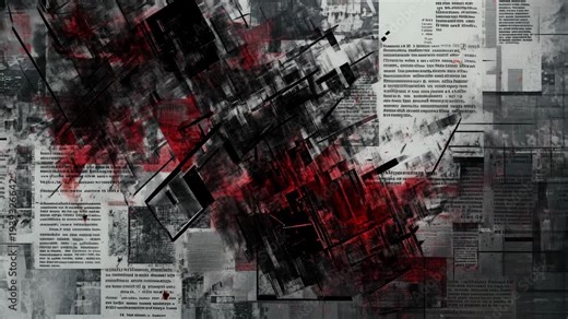 Abstract art combines dark colors, shapes, and text to create a dynamic composition in a digital space