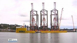 Three of the world's largest container cranes are about to set sail from Cork Harbour for the United States. Custom-made by the Liebherr crane company in Killarney, they will be the largest objects ever engineered in Ireland to be shipped overseas. | More: https://bit.ly/3wrNn6R | RTÉ News