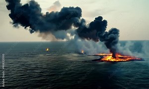 Oil Rig Fire: A dramatic aerial view of an oil rig engulfed in flames, with thick black smoke billowing into the sky. The scene captures the intensity and danger of an industrial accident, highlightin