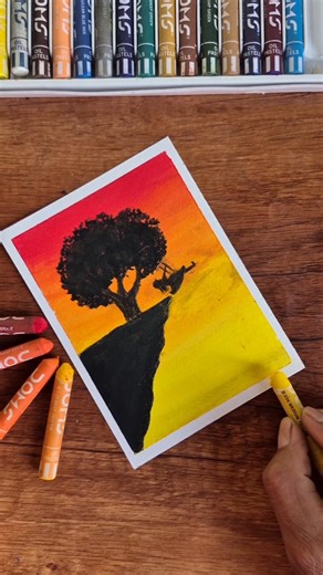 Easy Sunset Landscape Drawing with Oil Pastels 🌅 | #sunset #art #landscape #shorts #ytshorts