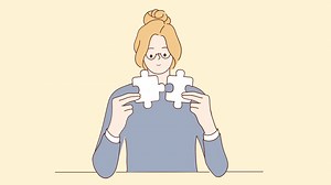 Download Smiling woman connect jigsaw puzzles sitting at desk. Happy female brainstorm find solution to problem or issue. Motion, illustration. for free