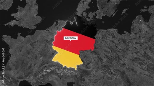 Germany National Map: A detailed map illustrating Germany's geographical boundaries, highlighted in the nation's symbolic colors of black, red, and gold, superimposed on a backdrop of Europe.