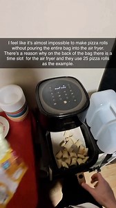 I used to put pizza rolls in the microwave because it took way too long to cook them in the oven and it never made sense to me why people would wait 20 minutes just to eat some pizza rolls. Luckily the air fryer only takes four minutes. Also if you’re eating pizza rolls …20 minimum should be on the plate. | Scubba Stevee
