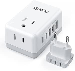 European Travel Plug Adapter, US to Europe Plug Adapter with 2 US Outlets, 3 USB-A & 2 USB-C Ports, Detachable Type C Outlet Adapter Charger for Most of Europe Italy Spain Iceland Portugal (X232C)